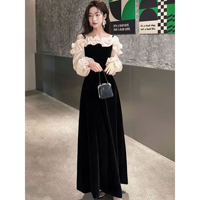 Shoulder Gown Evening Cold Long-Sleeve Two A-Line Tone