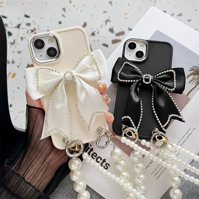 Lanyard Pearl Bow Case Faux Phone