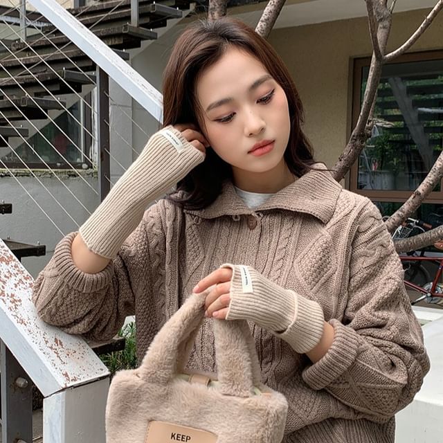 Fingerless Gloves Knit Ribbed Plain