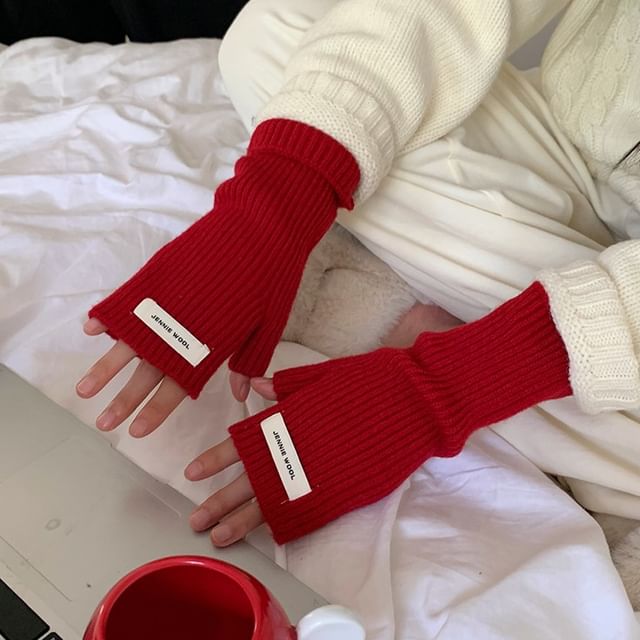 Fingerless Gloves Knit Ribbed Plain