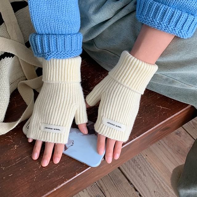 Fingerless Gloves Knit Ribbed Plain