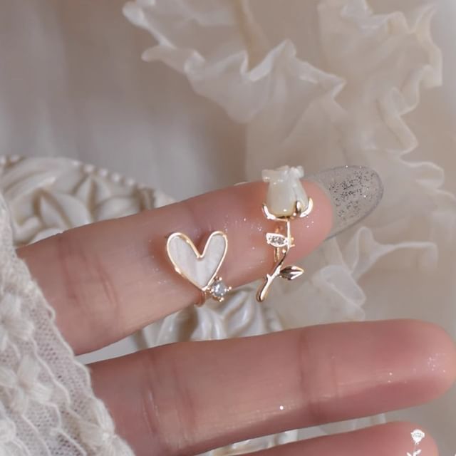 Earring Stud Rose Heart Alloy Asymmetrical Rhinestone