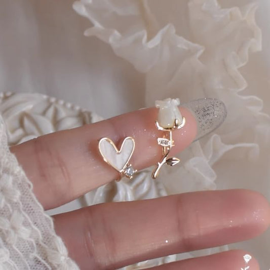 Earring Stud Rose Heart Alloy Asymmetrical Rhinestone