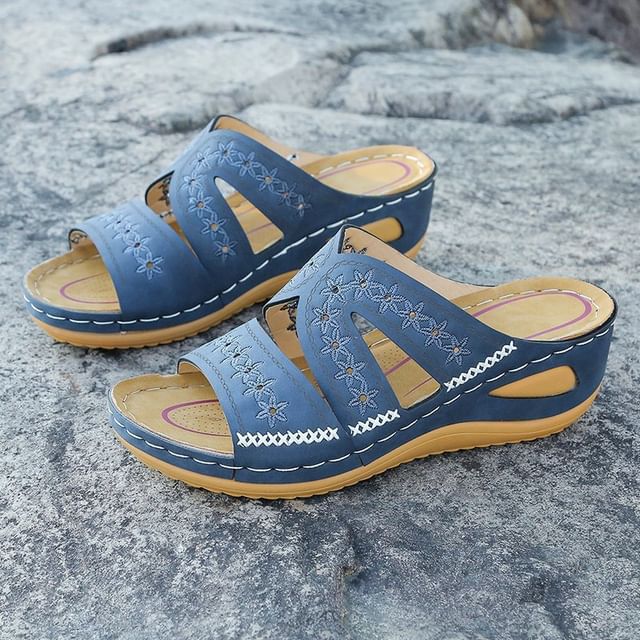 Platform Slide Sandals Wedge Embroidered Flower