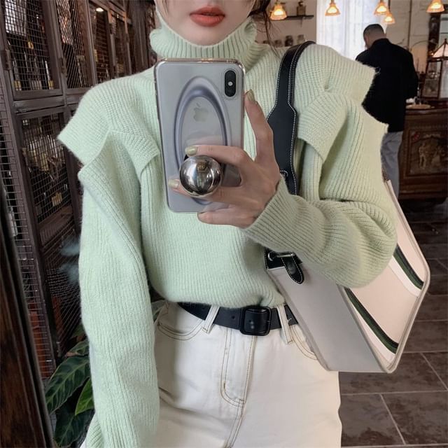 Turtleneck Loose-Fit Sweater Cold-Shoulder Plain