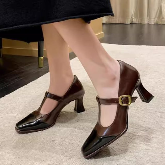 T-Strap Pumps Square Toe Cap