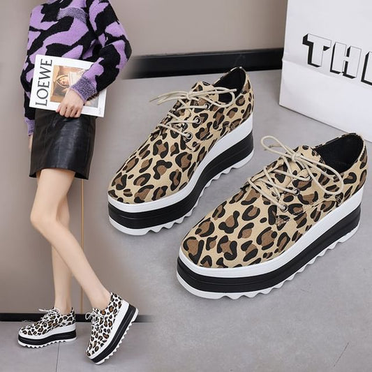 Platform Shoes Lace-Up Leopard Print