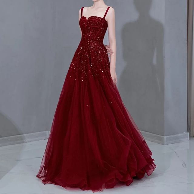 A-Line Spaghetti Sequin Evening Plain Gown Strap Mesh