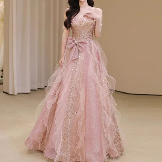 Bow Evening A-Line Ruffle Mesh Tube Gown Sequin