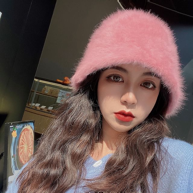 Fluffy Bucket Plain Hat