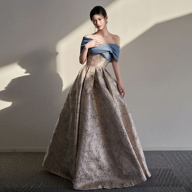 Criss Gown Cross Evening Floral Off-Shoulder A-Line Jacquard