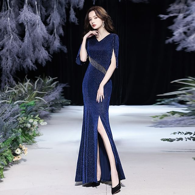 Glitter Elbow-Sleeve V-Neck Mermaid Slit Evening Fringed Gown Plain