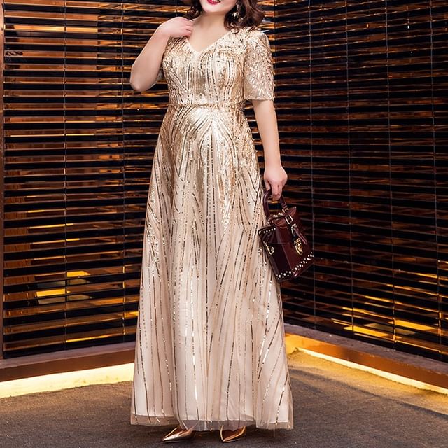 V-Neck Short-Sleeve Plus Size A-Line Shiny Gown Evening
