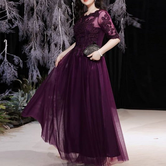 Boatneck Plus Lace A-Line Size Gown Elbow-Sleeve Evening