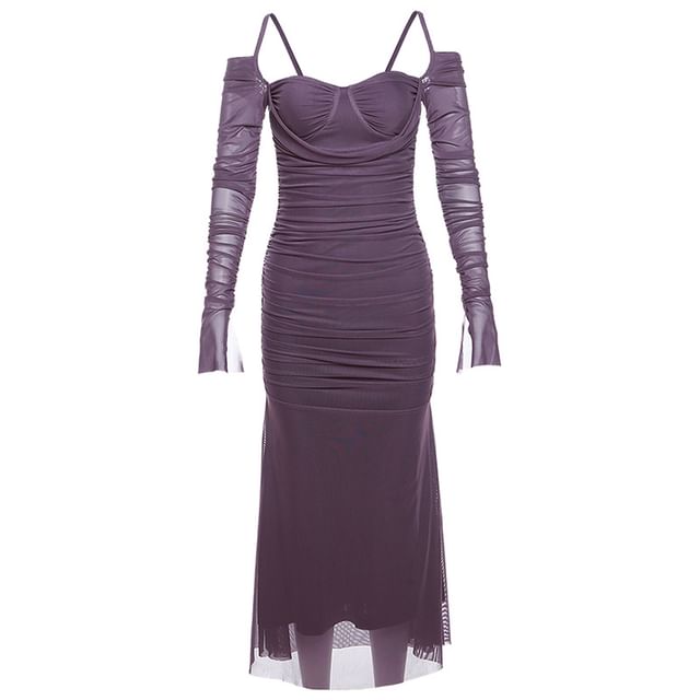 Midi Plain Dress Cold Sheath Shoulder Ruched Long-Sleeve