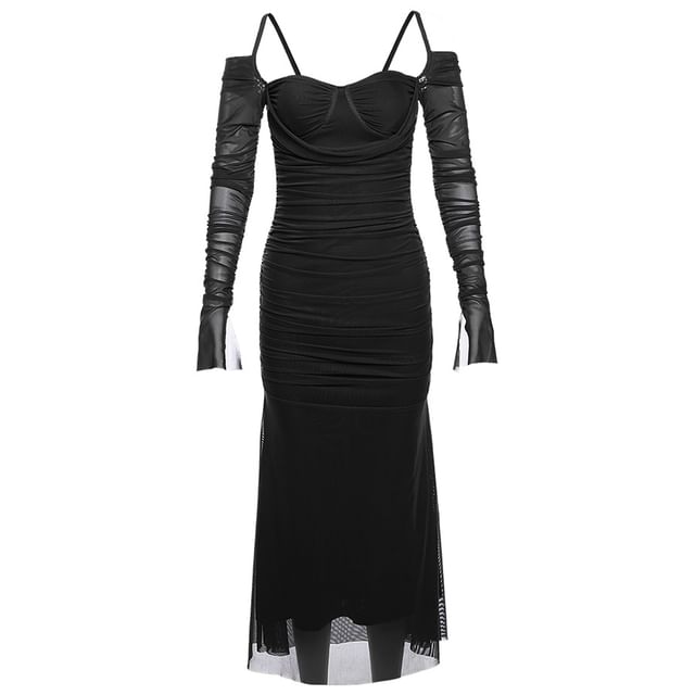 Midi Plain Dress Cold Sheath Shoulder Ruched Long-Sleeve