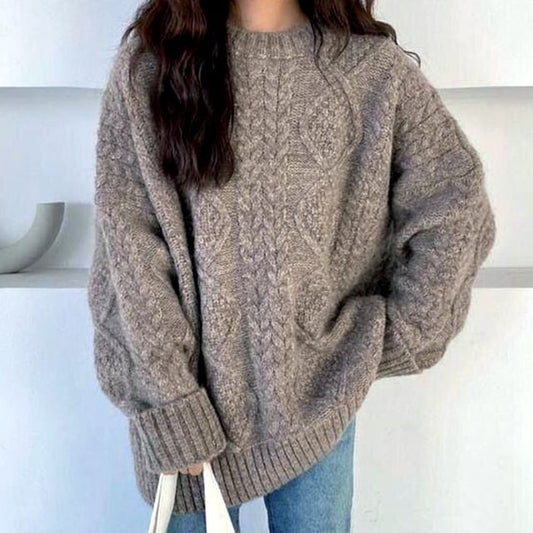 Plain Knit Neck Sweater Crew Long-Sleeve Cable