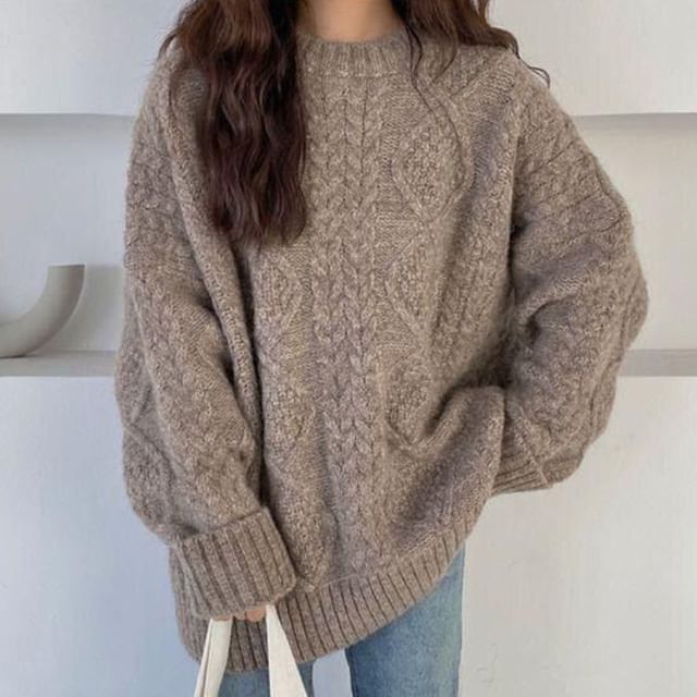 Plain Knit Neck Sweater Crew Long-Sleeve Cable