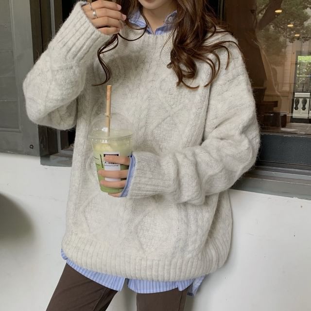 Plain Knit Neck Sweater Crew Long-Sleeve Cable