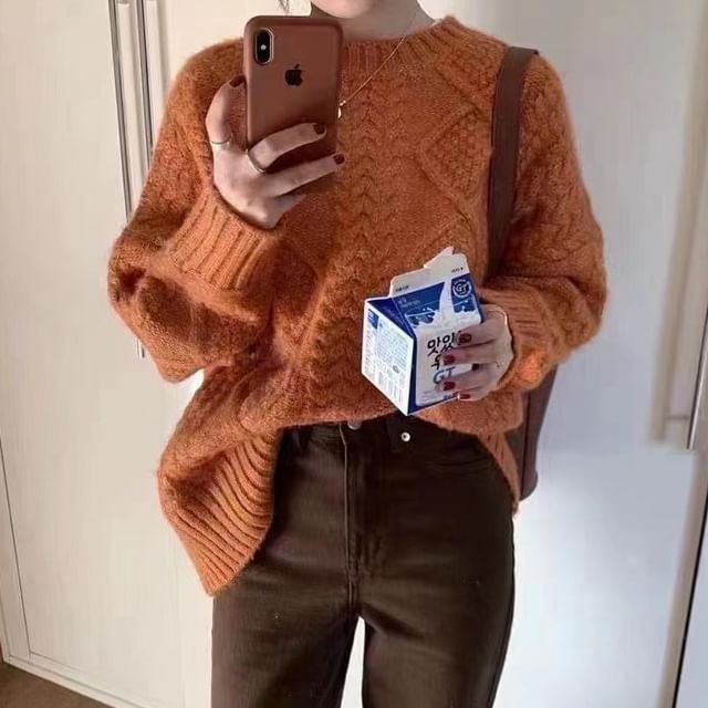 Plain Knit Neck Sweater Crew Long-Sleeve Cable