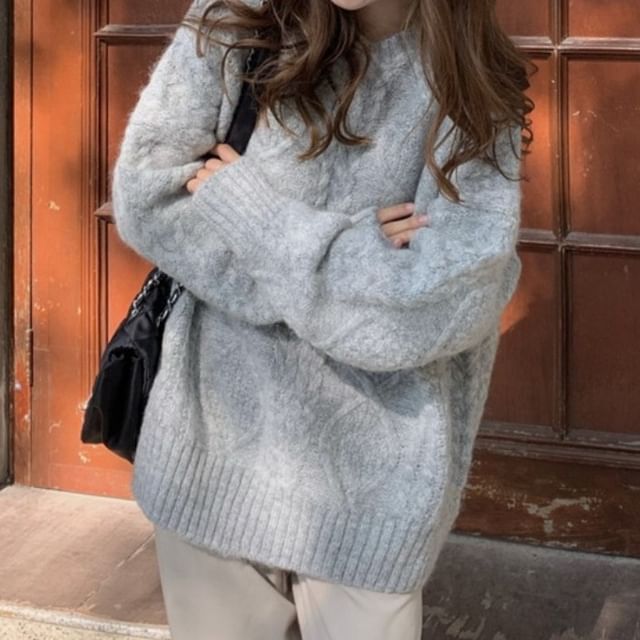 Plain Knit Neck Sweater Crew Long-Sleeve Cable