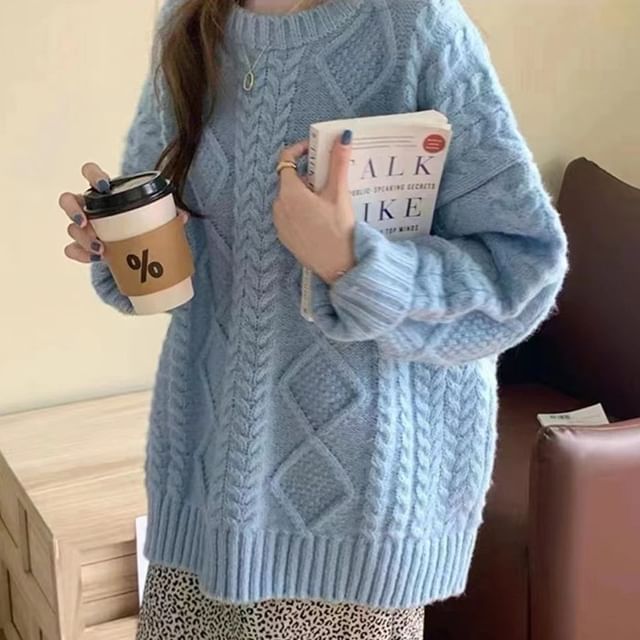 Plain Knit Neck Sweater Crew Long-Sleeve Cable