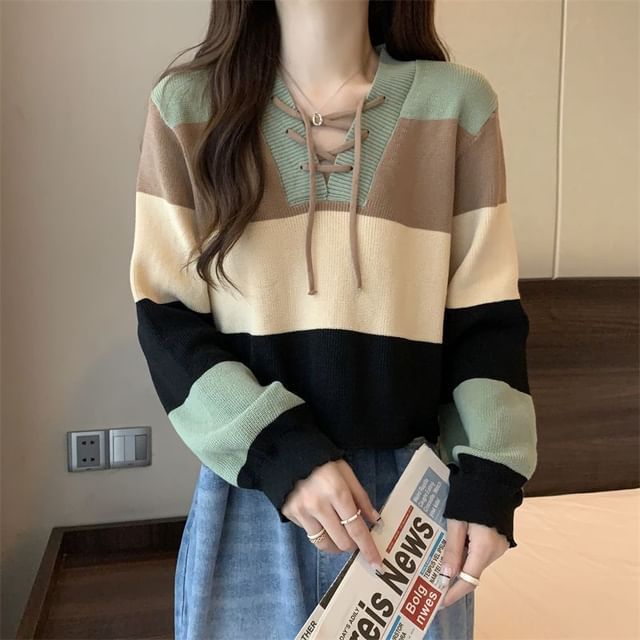 Sweater Block Lace-Up Color V-Neck