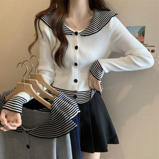 Knit Top Long-Sleeve Ribbed Panel Collar Button Striped