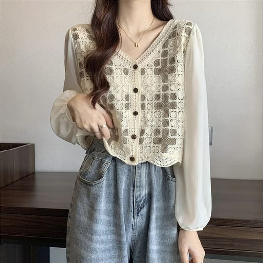 Crochet Long-Sleeve Panel Knit Blouse V-Neck