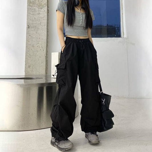 Wide Plain Cargo Pants Drawstring Waist Leg