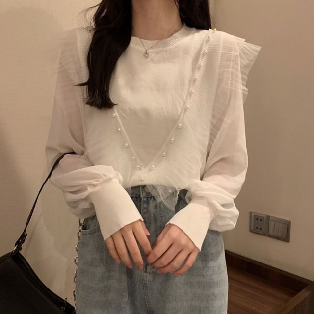 Top Plain Faux Long-Sleeve Neck Trim Ruffle Crew Knit Pearl