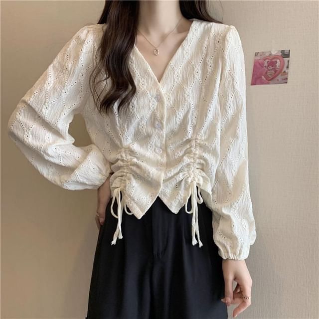 Drawstring Blouse Eyelet Long-Sleeve V-Neck Plain