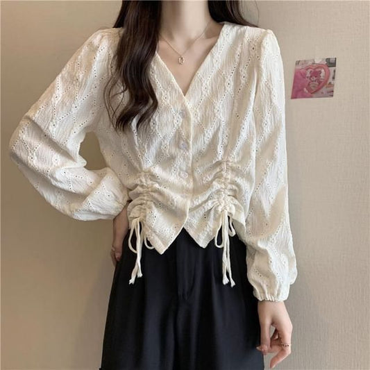 Drawstring Blouse Eyelet Long-Sleeve V-Neck Plain