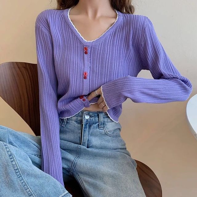 Long-Sleeve Top Ribbed Crop V-Neck Contrast Button Trim Knit