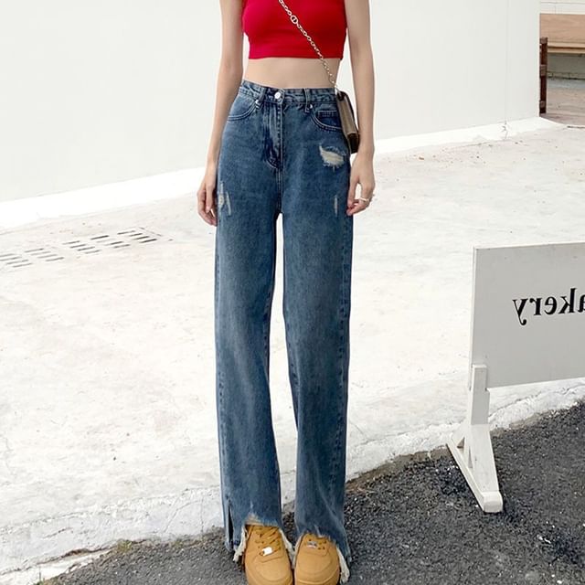 High Waist Distressed Fit Jeans Loose