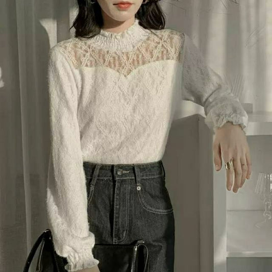 Long-Sleeve Mock Top Lace Plain Neck