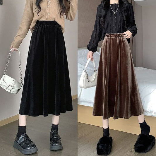 Elastic Midi Plain Waist Velvet Skirt A-Line