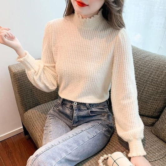 Top Long-Sleeve Plain Mock Neck Lace
