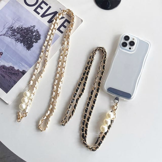 Pearl Lanyard Faux Alloy Phone Leather