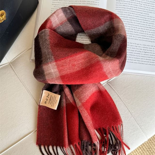 Wool Applique Plaid Lettering Scarf Fringed