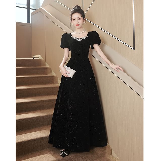 Glitter A-Line Velvet Puff-Sleeve Bow Rhinestone Back (Various Gown Designs) Evening