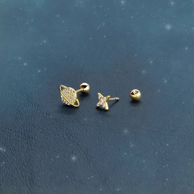 Rhinestone Barbell Sterling Asymmetrical Silver Earring Star