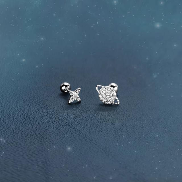 Rhinestone Barbell Sterling Asymmetrical Silver Earring Star