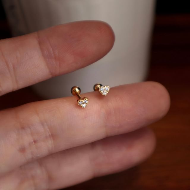 Sterling Heart Rhinestone Earring Barbell Silver