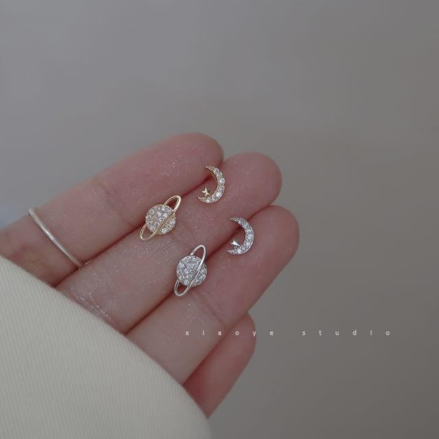 Moon Rhinestone Sterling Stud Silver Earring Asymmetrical