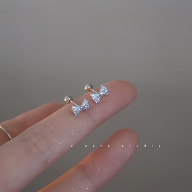 Sterling Barbell Earring Bow Rhinestone Silver