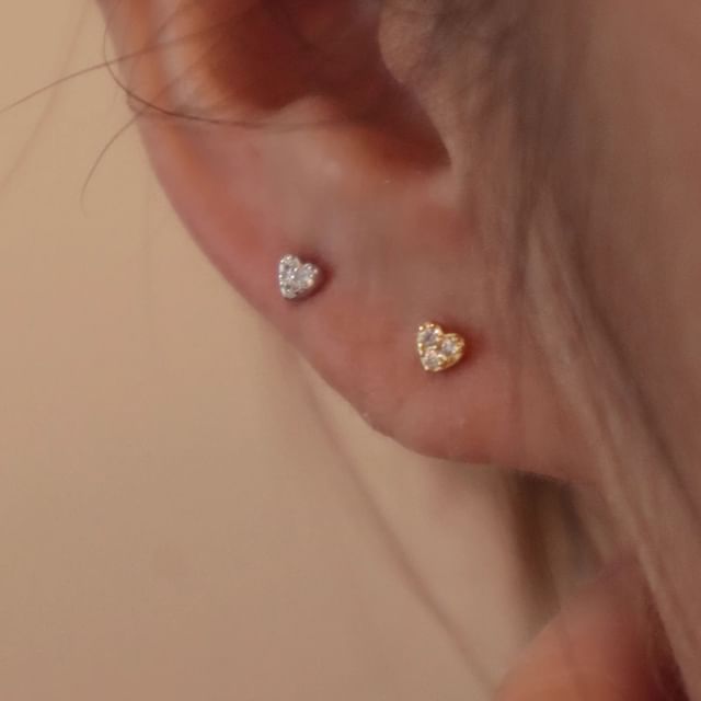 Sterling Heart Rhinestone Earring Barbell Silver