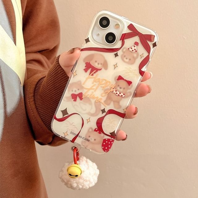 Bell Pom Phone Animal Ribbon Case