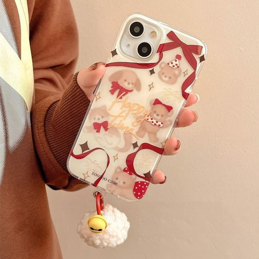 Bell Pom Phone Animal Ribbon Case