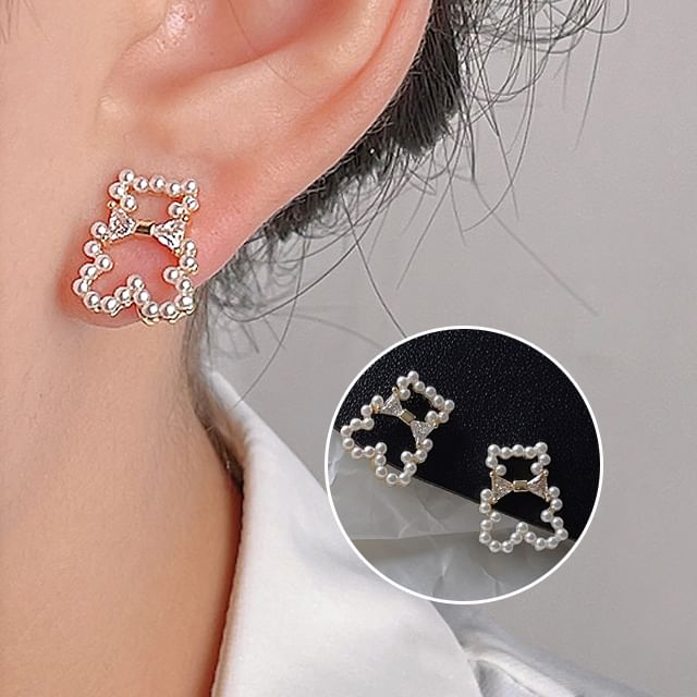 Earring Bear Pearl Faux Rhinestone Clip-On